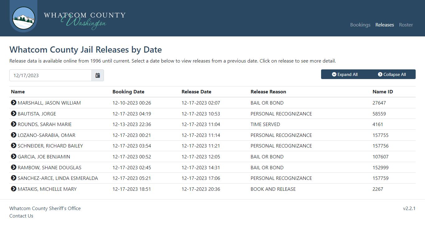 Whatcom County Sheriff's Office | Jail Releases